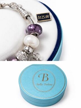 Bella Perlina Silver Charm Bracelet with Purple and Pearl Beads